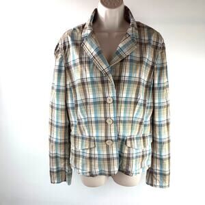 New York Company Woman Plaid Blazer Size 8 Blue Tan Beige